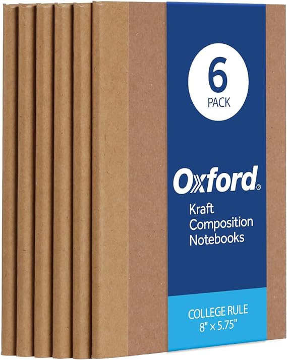 Oxford Composition Notebook 6 Pack, College Ruled Paper, 5.75 x 8 Inches, Small Size, 60 Sheets, Kraft Covers (63831)