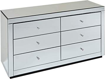 Abreo Venetian Mirrored 6 Drawer Chest Black Lined with Crystal Handles