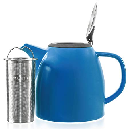 Tealyra - Drago Ceramic Teapot Blue - 37-ounce (4-6 cups) - Large Stylish Teapot with Stainless Steel Lid - Extra-Fine Infuser To Brew Loose Leaf Tea - Leed-Free - 1100ml