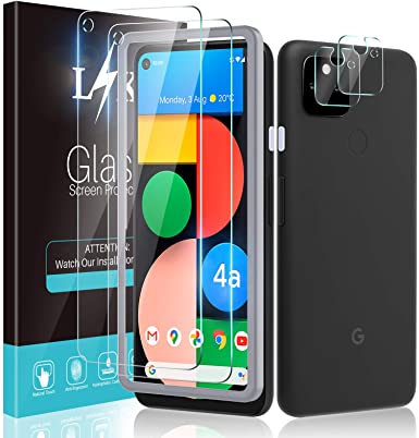 LϟK 4 Pack Screen Protector for Google Pixel 4a 5G with 2 Pack Tempered Glass and 2 Pack Camera Lens Protector - Not Google Pixel 4a 4G Bubble Free 9H Hardness Easy Installation Screen Protective Film