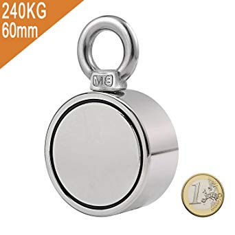 Uolor Double Side Combined 240KG Pulling Force Round Neodymium Magnet, Super Strong Fishing Magnet with Eyebolt for Magnet Fishing and Salvage in River - 60mm Diameter