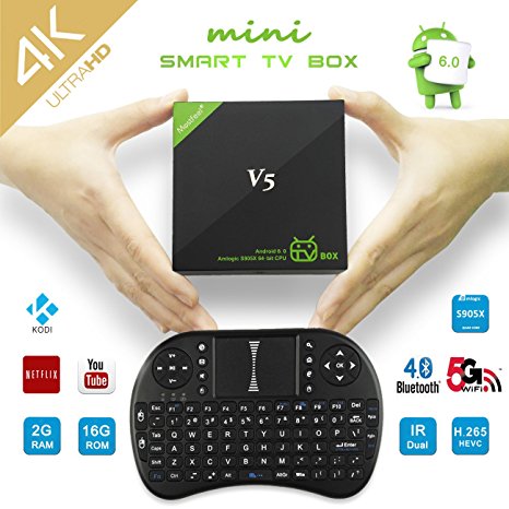 Android 6.0 Mini Smart TV BOX, Amlogic S905X Quad Core, 64 bits Mostfeel 2GB 16GB H.265 HD HDR Netflix Kodi 4K Streaming Media Player, 2.4G 5G Dual Band Wifi Bluetooth 4.0 LAN IR Mini I8 Keyboard