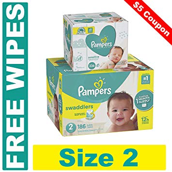 Pampers Swaddlers Disposable Baby Diapers Size 2, 186 Count and Baby Wipes Sensitive  Pop-Top Packs, 336 Count PLUS LIMITED TIME FREE BONUS WIPES