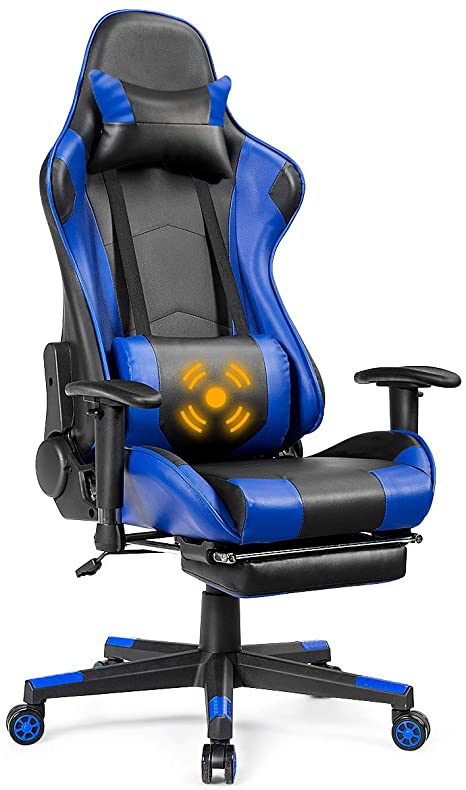 Giantex Massage Gaming Chair, High Back Ergonomic Adjustable Reclining Racing Chair with USB Massage Lumbar Pillow, Headrest, Footrest, Lumbar Support, PU Leather Gaming Desk Chair (Blue)