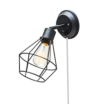 Globe Electric 1-Light Plug-In or Hardwire Industrial Cage Wall Sconce, Matte Black Finish, On/Off Rotary Switch, 6' Clear Cord, 65291