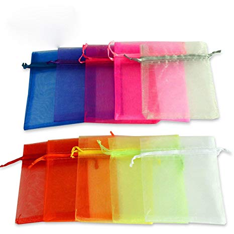 kingleder 100 PCS 4'' x 5'' Assorted Colors Size Drawstring Organza Gift Bags Jewelry Pouches Festival Wedding Party Favor Candy Bags (Multicolor, 10 X 12 cm)