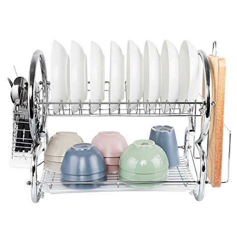PRITEK 2-Tier Dish Rack with Drainboard, Stainless Steel Dish Drying Rack with Forks or Knives and Cutting Board Holder