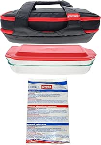 Pyrex 4-Piece Tote Bundle with Bakeware, Red Lid, and Large Hot/Cold Pack