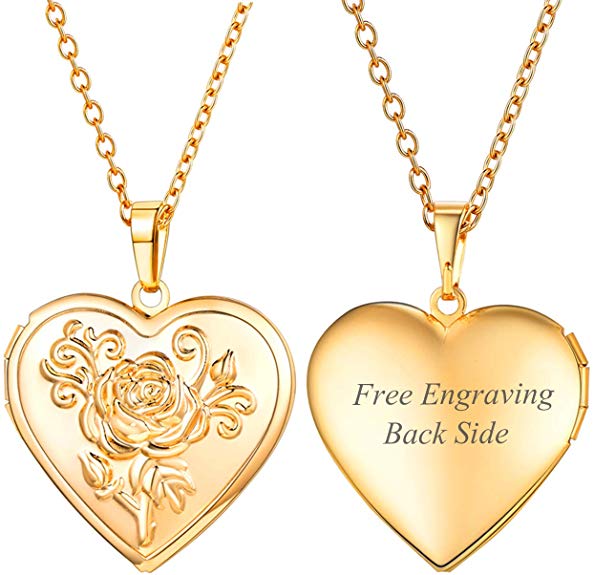 U7 Women Girls Photo Locket Pendant Heart/Round Shaped Fashion Jewelry 18K Gold Plated Necklace, with Custom Engrave Service