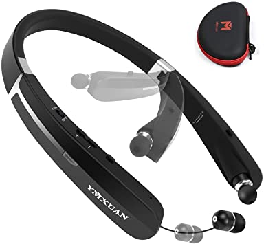 Bluetooth Headphones,YMXuan G1 Bluetooth Headset Foldable Neckband Wireless Headset with Retractable Earbuds and Mic,Noise Cancelling 15 Hours Playtime Waterproof for Running Gym Workout(with Carry case)