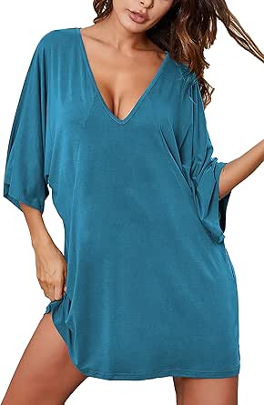 Ekouaer Women's Sleepshirt Deep V Neck Nightgown Batwing Nightshirt Oversized Sleepwear