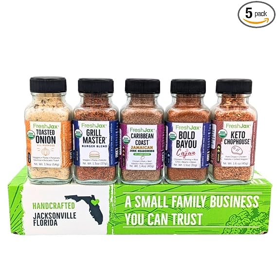 FreshJax Keto Seasoning Gift Set | Pack of 5 Organic Keto Premium Spices and Seasonings | Toasted Onion, Grill Master, Carribbean Coast, Bold Bayou, and Keto Chophouse - Keto Gift Set