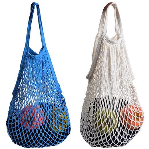 Cosmos ® Cotton Net Shopping Tote Ecology Market String Bag Organizer (White & Blue)