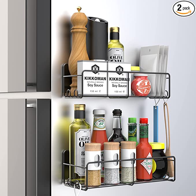 Estefanlo 2 Pack Magnetic Spice Rack for Refrigerator,Magnetic Fridge Shelf Space Saver and Easy to Install for Kitchen/Apartment,Metal Spice Rack,Black, (R005)