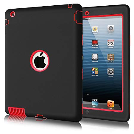iPad 2 Case for Kids, iPad 3 Case,Fingic iPad Case Red 3 Layer Armor High-Impact Rugged Shockproof Protective Case for iPad 2nd / 3rd / 4th Generation, Black/Red