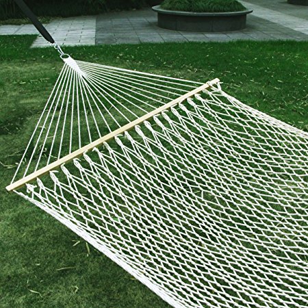 Esright 59" Cotton Rope Double Hammock Hollow Out Patio Yard Hammock with Wood Spreader & Carabiners (Beige)