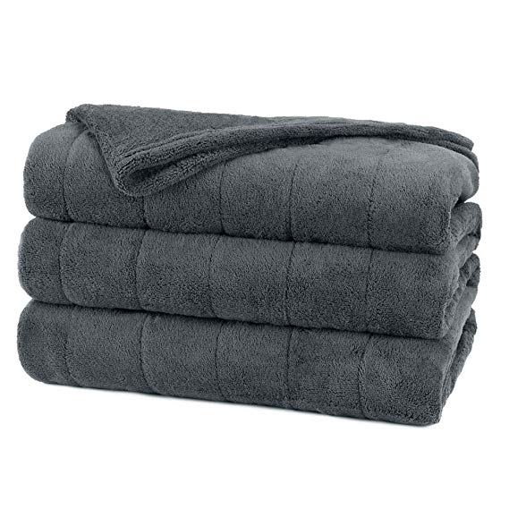 Sunbeam Channeled Soft Microplush Electric Heated Warming Blanket King Slate Gray Washable Auto Shut Off 10 Heat Settings