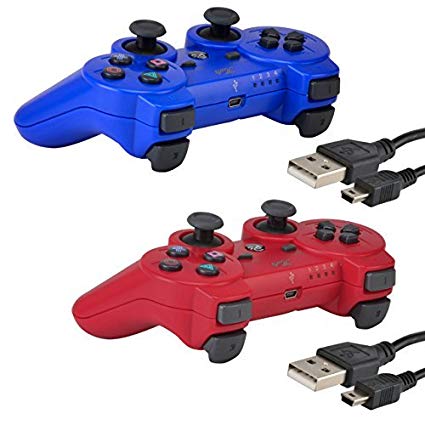 2 Pack Bluetooth Wireless Controller for PS3 Controller Double Shock Gamepad 6-Axis Game Controller for Playstation 3 Bonus 2 Charging Cable by Kabi Red Blue