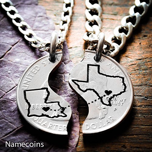 Long Distance Relationship Couples Necklaces, Custom states engraved, Heart on your cities, Coin and Silver Jewelry