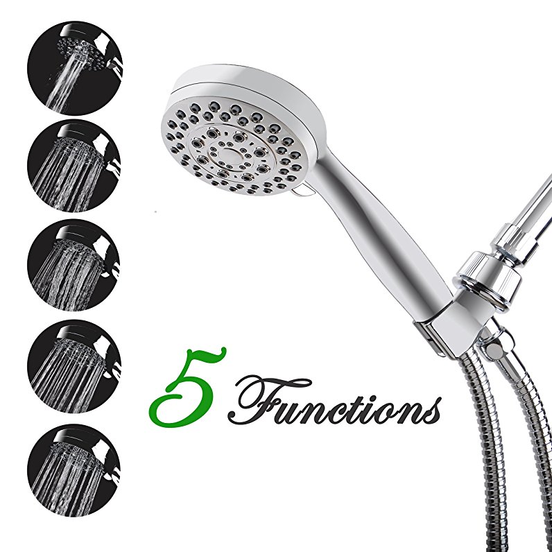 KASUNY 5 Functions High Pressure Hand Held Shower Head Like Metal Heavy Showerhead with 2M shower Hose and Bracket Chrome