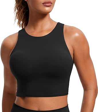 CRZ YOGA Butterluxe Racerback High Neck Longline Sports Bras for Women - Padded Workout Crop Tank Tops with Built in Bra