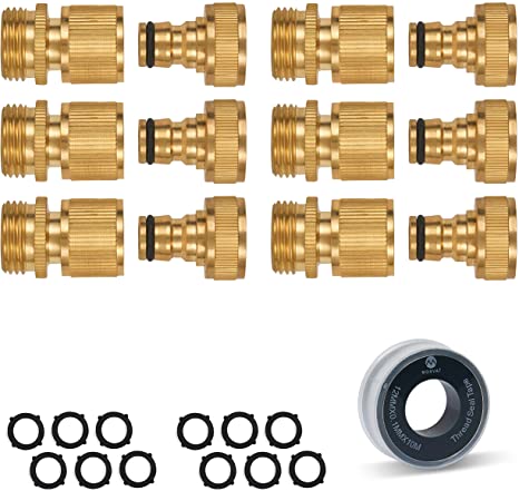 Morvat All Brass Garden Hose Quick Connect, Quick Disconnect Water Hose Fittings, 3/4 Inch Garden Hose Connector Female and Male Quick Release, 6 Sets