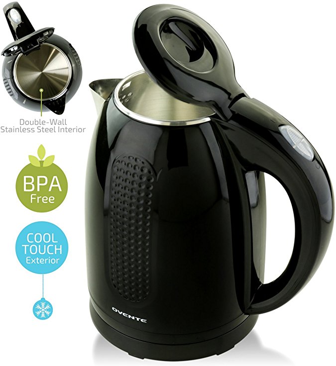 Ovente 1.7L Electric Kettle, Double Wall 304 Stainless Steel Water Boiler, Auto Shut-Off and Boil-Dry Protection, Stay-Cool Exterior, BPA-Free, Cordless, Black (KD640B)