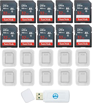 SanDisk Ultra 32GB SD SDHC UHS-I 100MB/s Class 10 SDSDUNR-032G (10 Pack) Bundle with 10 SD Card Cases & 1 Everything But Stromboli Memory Card Reader