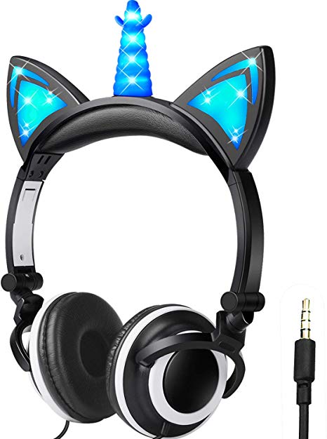Unicorn Headphones Over-Ear Foldable Kids Cat Ears Toddler Headphones with LED Light Girl Boy Travel Birthday Gift 3.5mm Jack Adjustable Wired Headsets Tablet/Smartphone/MP3/Game Airplane/Earphones