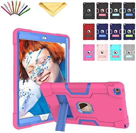Uliking iPad 7th Gen iPad 10.2 inch Case 2019, Kickstand 3 Layer Shockproof Silicone Full-Body Rugged Hybrid Heavy Duty Protective Stand Cover Impact Resistant Kidsproof Hard Shell, Rose Red & Blue
