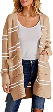 Ferbia Women Fleece Cardigan Striped Boyfriend Sweaters Long Sleeve Open Front Loose Knit with Pockets