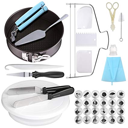 Cake Decorating Supplies 9 Inch Springform Round cake pans 24 Piping Nozzles Cake Stand 11 Inch Cake Turntable,2 Icing Spatula and 3 Icing Smoother,Pastry Bag,Cutter,Flower Lifter,Cheese spatula