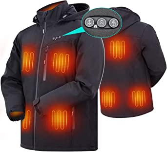 ARRIS Heated Jacket for Men, Electric Heating Warm Coat 7.4V Battery/8 Heating Areas/Phone Charging for Winter Use Black