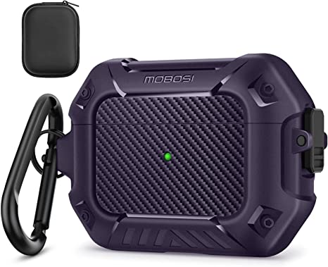 MOBOSI for AirPods Pro 2nd Generation Case 2022, Secure Lock Clip Carbon Fiber Airpod Pro 2 Case with Keychain, Full Body Shockproof Hard Shell Protective Cover for New AirPod Pro 2, Deep Purple