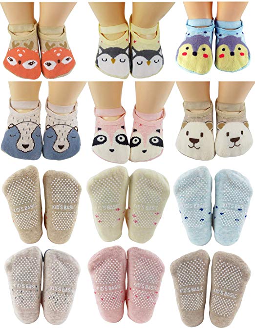 Baby Socks Toddler Girls Anti Slip Cartoon Animal 1 Year Old Gift Best Non Skid Cotton Sock from Tiny Captain (Pink, Blue, Grey, Tan)