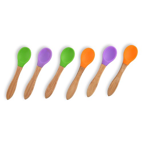 Sweet Baby Carrot Bamboo Silicone Baby Spoons Durable, Hypoallergenic with Soft and Smooth Silicone Finish Toddlers and Kids & Baby for Feeding and Training, Green, Purple and Orange, 6 Piece Pack