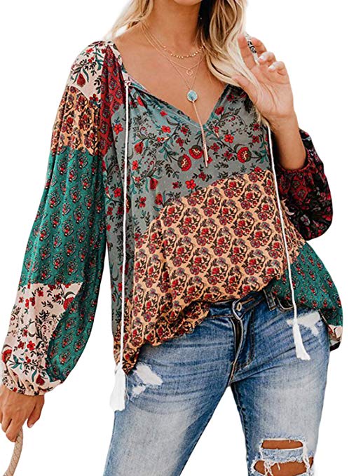 FARYSAYS Women's Casual Boho Floral Print V Neck Long Sleeve Shirts Tops Loose Blouses