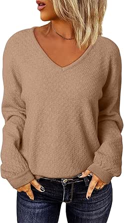 EVALESS Long Sleeve Sweaters for Women Fashion V Neck Waffle Knit Sweater Tops Fall 2024 Outfits Loose Jumper Pullover