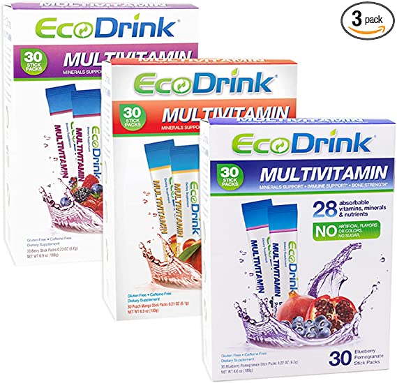 EcoDrink Complete Multivitamin Mix Drink - Delicious Bundle of Three Flavors - Blueberry Pomegranate, Peach Mango & Berry, 90 Count Refill Packs