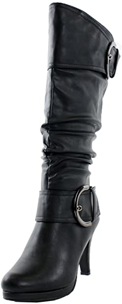 TOP Moda Womens Page-22 Knee High Round Toe Buckle Slouched Low Heel Boots