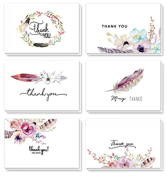 48 Assorted Pack Floral Thank You Cards Greeting Cards Boho Spirit, 4 x 6 Inch Thank You Notes Card Blank on the Inside 6 Designs, White Envelopes Included