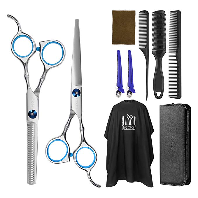 Frcolor Hairdresser Scissors Set Hair Thinning Scissors Hairdressing Shears Set with Barber Cape Hair Razor Comb, Clips, Upgraded Professional Haircut Set