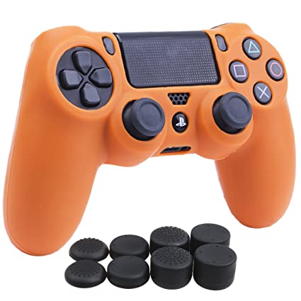 YoRHa Silicone Cover Skin Case for Sony PS4/slim/Pro Dualshock 4 Controller x 1(Orange) with Pro Thumb Grips x 8