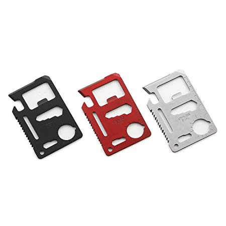 QLL 11 in 1 Beer Opener Survival Card Tool Fits Perfect in Your Wallet, Silver&Red&Black