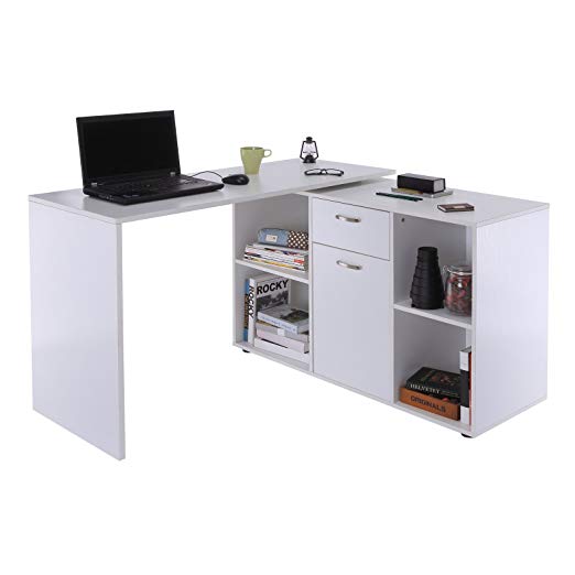 HOMCOM MDF Dual-use Adjustable Large L-Shaped Computer Desk Laptop Workstation Corner PC Table Home Office Functional Spacious Modern Stylish - White