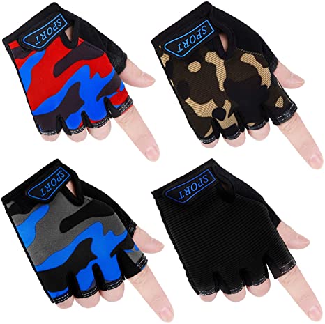 Cooraby 4 Pairs Kids Sports Cycling Gloves Half Finger Mountain Bike Gloves Non-Slip Cycling Gloves for Cycling Biking Skating Sports