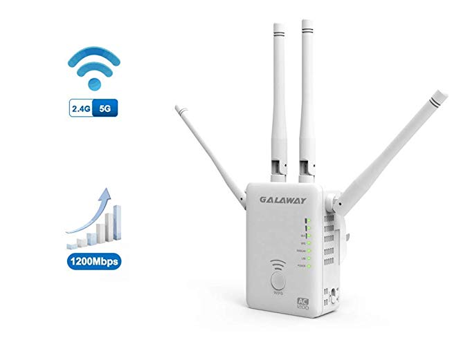 GALAWAY WiFi Extender 4 External Antennas 1200Mbps Wireless Signal Booster Dual Band 2.4GHz and 5GHz WiFi Range Amplifier with 802.11ac/a/b/g/n Standards
