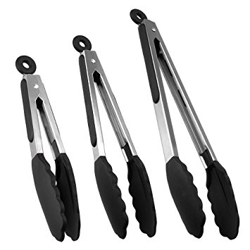 Tongs,Xpener 7,9,12 Inch Stainless Steel Kitchen Tongs with Heat Resistant Silicone Tips and Locking Design (Black)