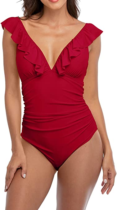 Sociala Ruffle One Piece Swimsuits for Women V Neck Ruched Monokini Bathing Suits