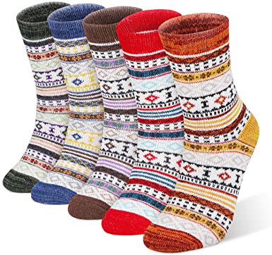RenFox Women's winter wool socks, 5 pairs of women's winter warm socks, retro style fashion pattern women's socks, winter cotton ladies socks, perfect Christmas gifts and holiday gifts